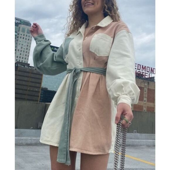 NWT Missguided Color Block Denim Shirt Dress W/ Belt Women’s 18 - Picture 1 of 14